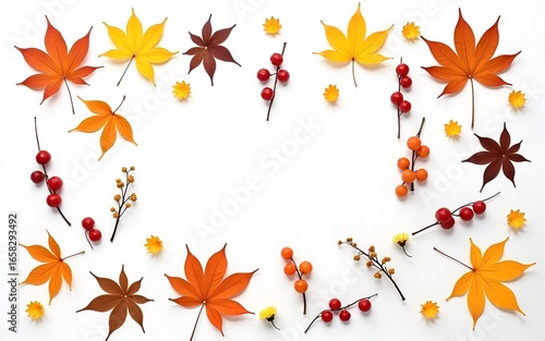 Wallpaper Mural Autumn composition. Dried leaves, flowers, rowan berries on white background. Autumn, fall, thanksgiving day concept. Flat lay, top view, copy space. High quality Torontodigital.ca