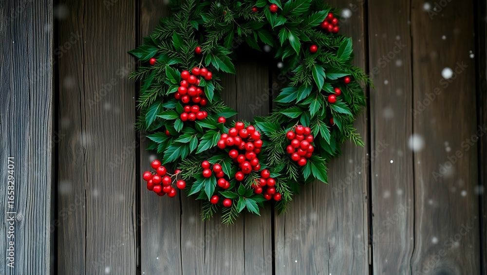 Naklejka premium A christmas wreath with red berries hanging on a rustic wooden door with snow falling gently around it