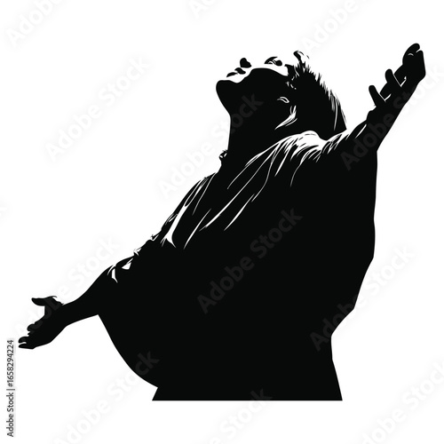 Silhouette of a person with arms outstretched looking upwards in a black and white illustration