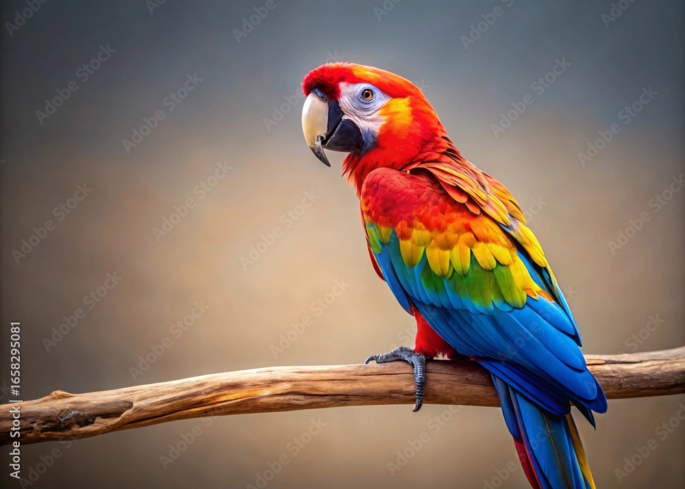 Obraz premium A vibrant scarlet macaw perched on a weathered branch showcasing its stunning colorful plumage against a soft blurred background in natural light