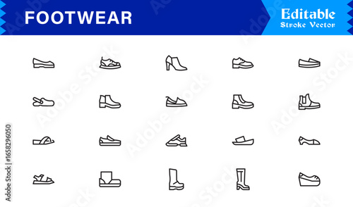 Footwear and Shoe Icon Set – Modern Outline, Minimal and Linear Style Sneakers, Boots, Sandals, High Heels, Casual Shoes, Fashion Icons for Branding and Design
