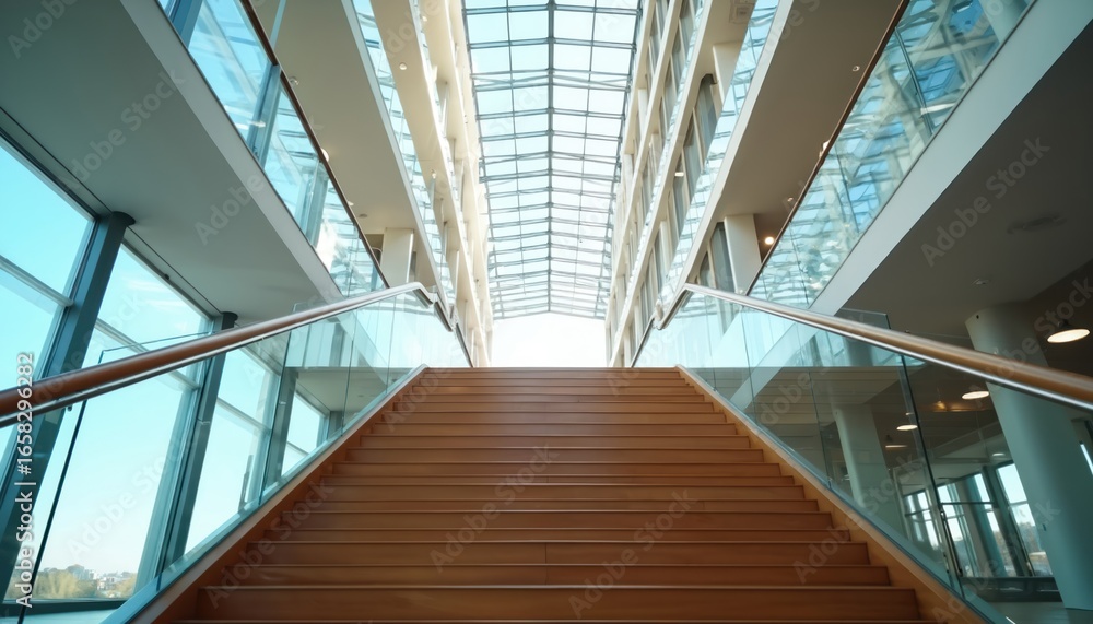 Obraz premium Wooden staircase ascends through bright, modern office building with glass walls, ceiling. Sunlight streams into open space, creating clean, sleek, minimalist interior. Geometric design, symmetry of