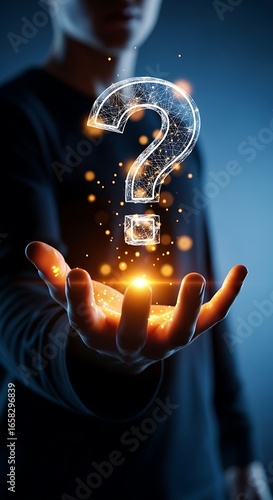 Discover innovative solutions with a digital question mark hovering above outstretched hands, ready to solve mysteries