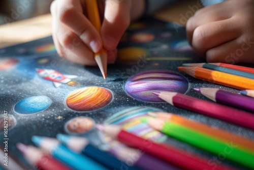 Wallpaper Mural Colored pencil child drawing of space with planets, rockets, and stars. Creativity, imagination, and curiosity about the universe. Kid dreams of the future, aspirations, and limitless possibilities. Torontodigital.ca