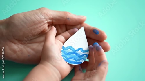 Wallpaper Mural Adult and Child Hands Holding Waterdrop Paper Craft on Aqua Background Torontodigital.ca