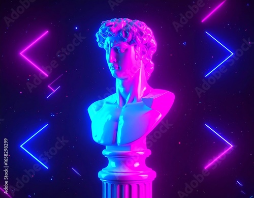 Cyberpunk David Bust Surrounded by Neon Lights in a Dark Cosmic Scene