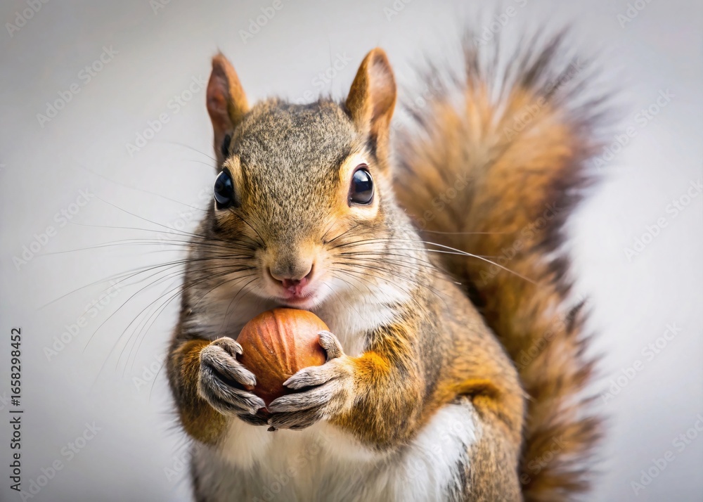 Fototapeta premium An Adorable Red Squirrel Holding a Nut with its Paws Against a Light Gray Background in a Close-Up Studio Portrait