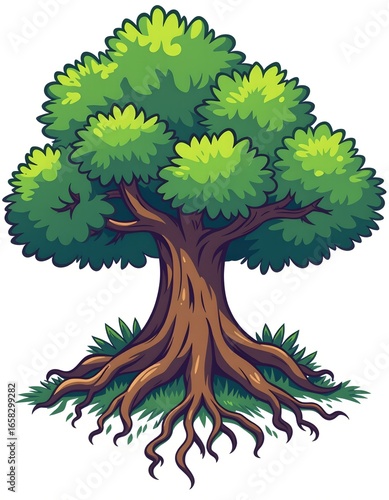 cartoon clipart of a tree with roots above ground, isolated on white background