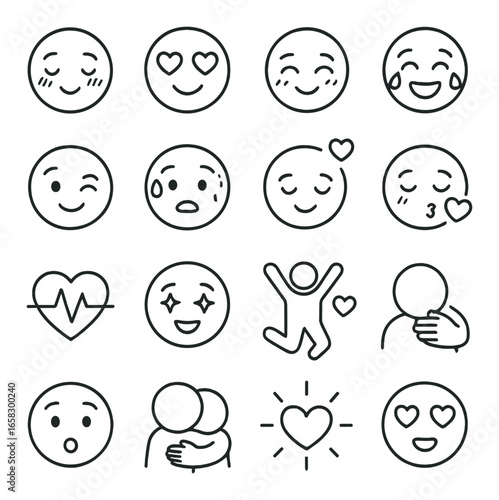 Linear emoji icon set featuring smile, love, cry, blush, wink, heart, star, and hug symbols
