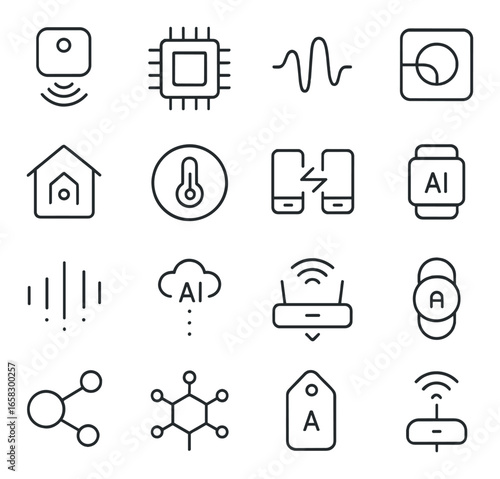 Linear smart home icons set featuring iot, thermostat, smartphone, smartwatch, wifi, and share symbols