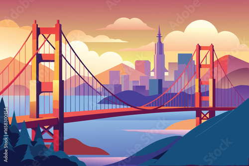 Beautiful digital artwork representing the iconic golden gate bridge over water with a city skyline at sunset.