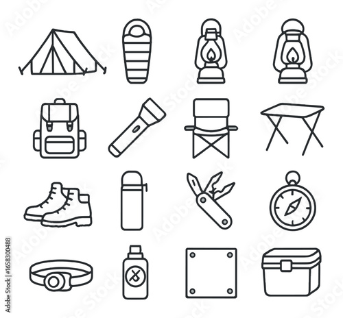 Linear camping icon set featuring tent, sleeping bag, lantern, backpack, tools, and compass symbols