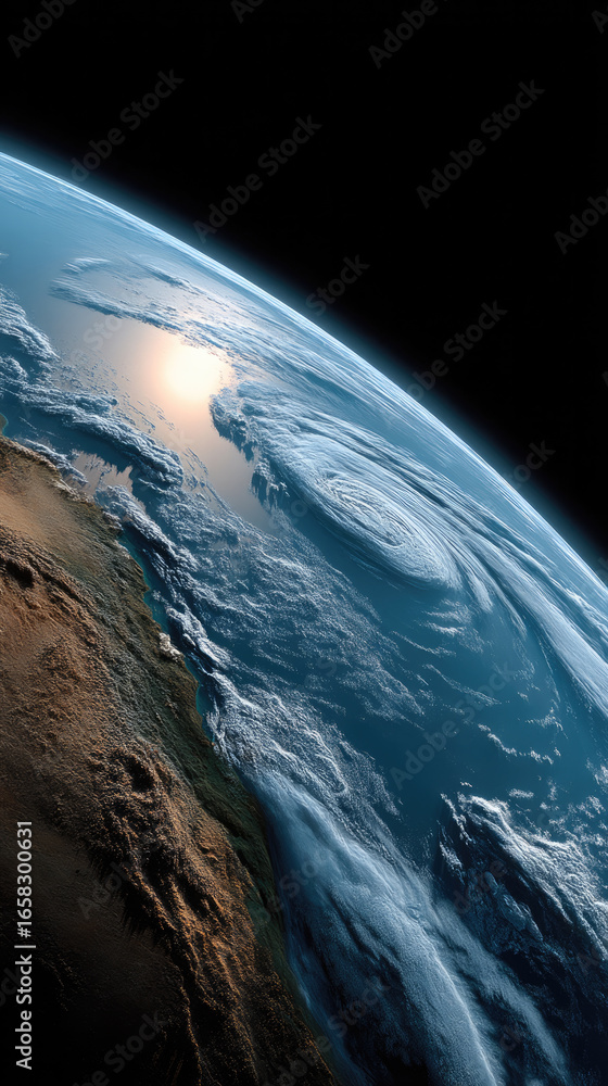 Fototapeta premium Earth atmosphere cloud ocean sunlight horizon blue planet space beautiful view of Earth from space with swirling clouds and sunlight reflecting