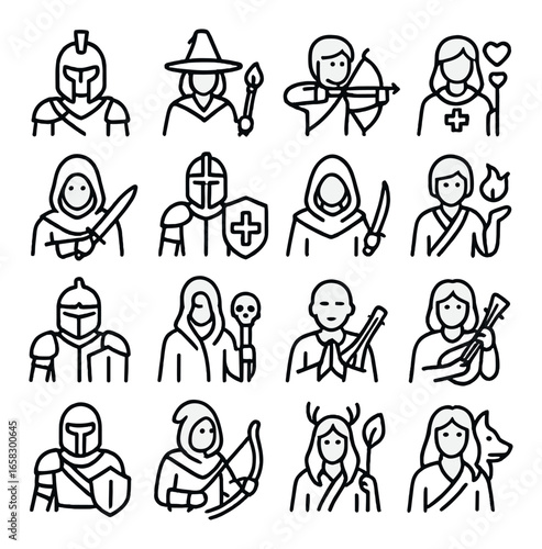 Linear fantasy icon set featuring knight, wizard, archer, healer, warrior, mage, druid, and assassin symbols