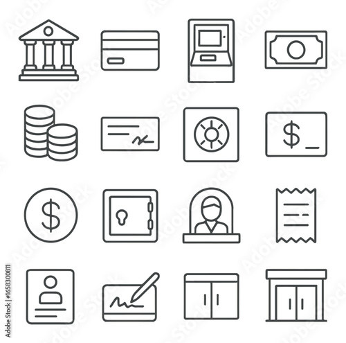 Linear finance icon set featuring bank, credit card, atm, cash, coins, check, vault, and receipt symbols