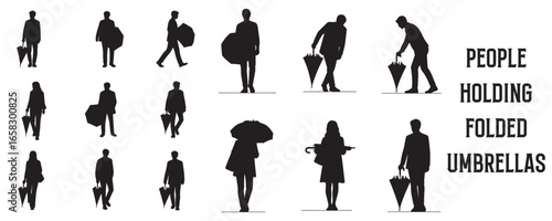 Architectural Drawings people holding folded umbrellas by their side or tucked under arms silhouette vector illustration, front view, human person Minimal style hand drawn.