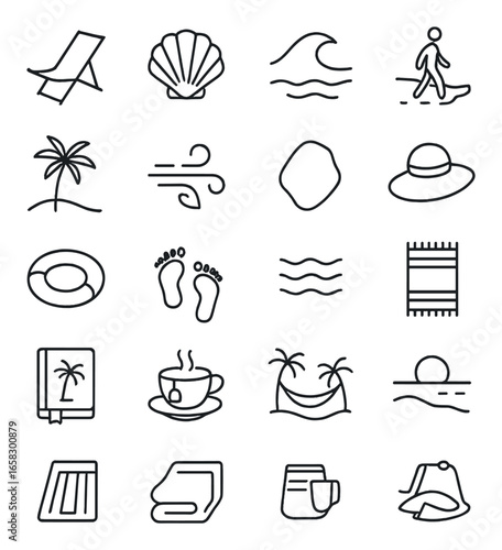 Linear beach icon set featuring deck chair, shell, waves, walking, palm tree, wind, hat, and towel symbols