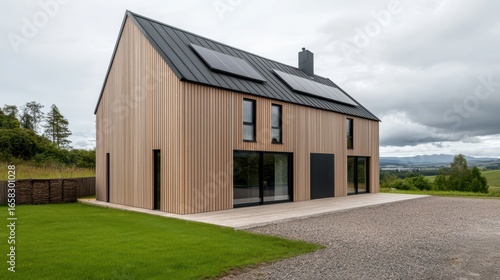 Modern Wooden House with Solar Panels and Scenic Landscape View