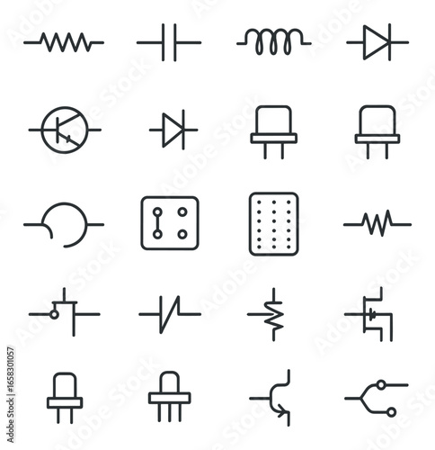 Silhouette electronics icon set featuring resistor, capacitor, diode, transistor, and circuit symbols