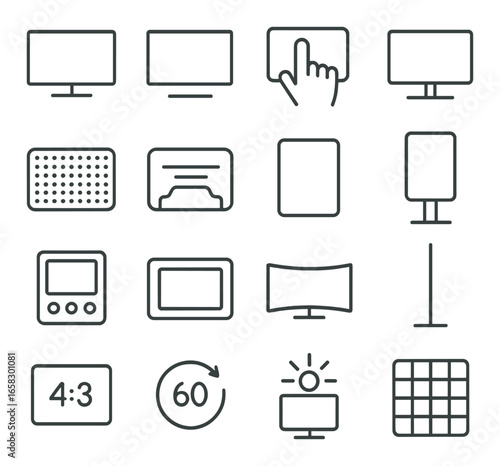 Linear display icon set featuring computer, interaction, touchscreen, and screen size symbols