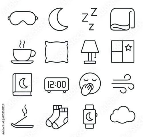 Linear bedtime icon set featuring sleep mask, moon, pajamas, pillow, lamp, and alarm clock symbols