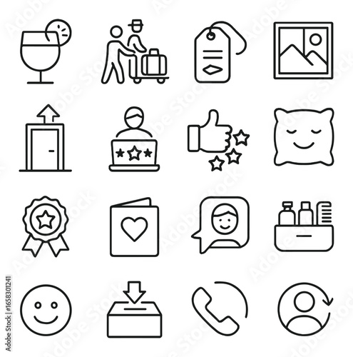 Linear hospitality icon set featuring drink, bellboy, luggage, tag, landscape, door, reception, stars, pillow