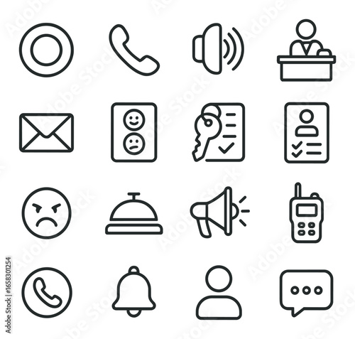 Linear hotel and customer service icons set featuring bell, megaphone, receptionist, key, and phone symbols