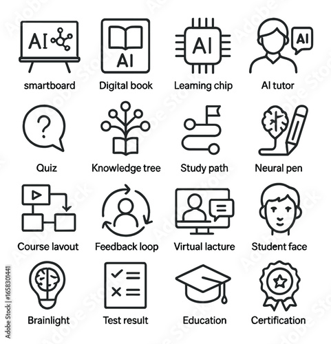 Linear ai education icon set featuring smartboard, digital book, learning chip, ai tutor, quiz, and more