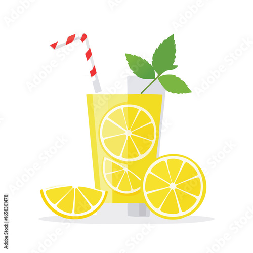 Fresh Lemonade in Glass with Striped Straw and Mint - AI Generated
