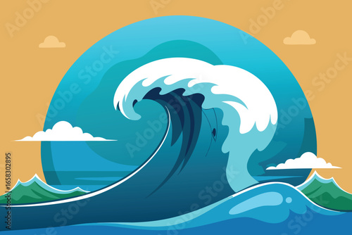 Beautiful illustration of a large ocean wave curling upwards representing strength, power, and natural forces.