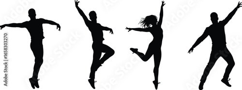 Dance silhouette collection, expressive poses, male and female figures, black vector, dynamic movement, body form, artistic motion, white background
