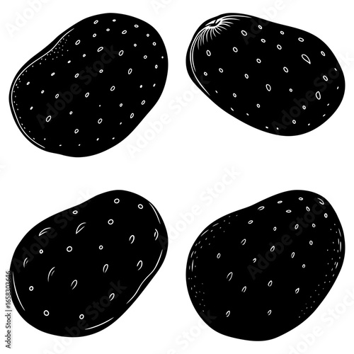 Four black and white potatoes with small white spots arranged in a square format on white background
