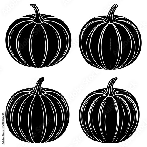 Four pumpkins with black fill and white outlines arranged in a square pattern on a white background