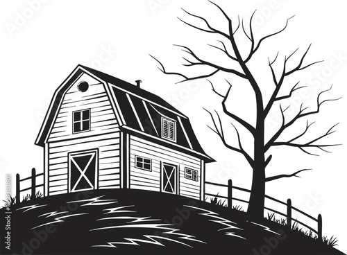 Silhouette illustration of a small crooked haunted barn with spooky bare tree on a hilltop eerie countryside design perfect for Halloween artwork gothic themes and rustic farmhouse decor