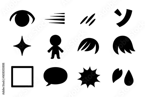 Minimalist abstract design elements: shapes, lines, people, and nature icons in black