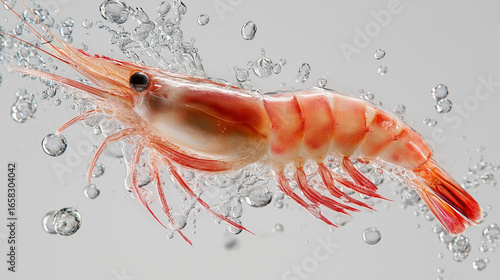 An artistic shot of a fresh shrimp floating against a white background, dynamic pose, water droplets frozen in mid-air around it, high-speed photography, professional studio setup, ultra-detailed, hyp