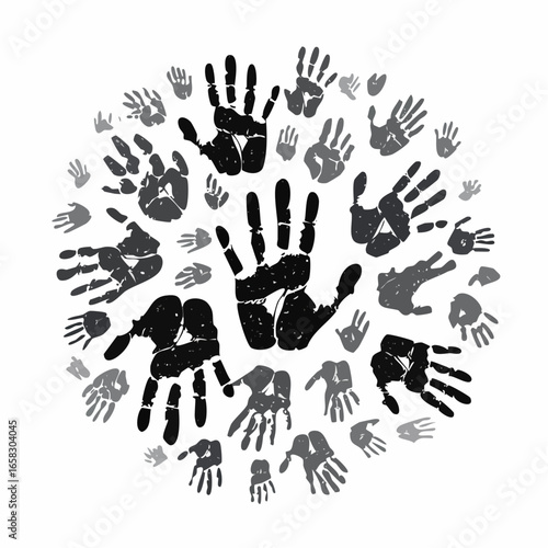 Human Handprints A Diverse Collection in Black and Grey, Symbolic of Community and Unity