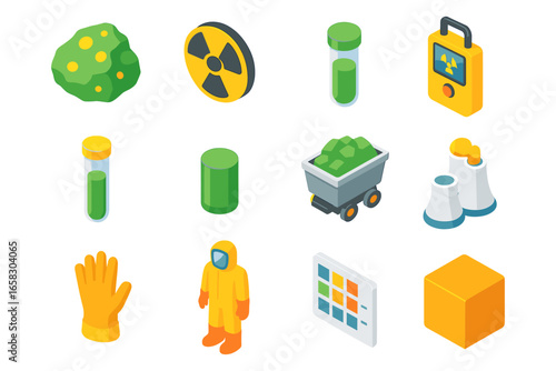 Isometric nuclear plant icons set: safety equipment, waste, and energy elements