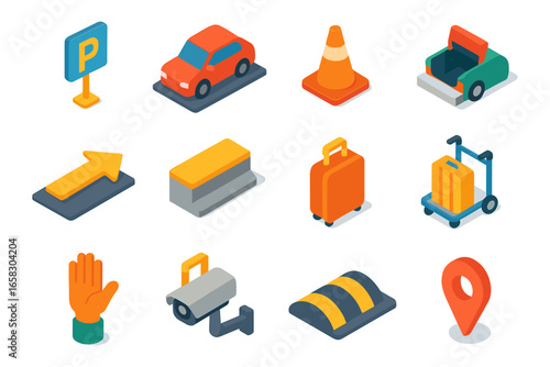 Isometric transportation icons set: car, parking, luggage, traffic elements
