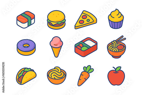 Colorful flat icons of popular foods including sushi, pizza, and desserts