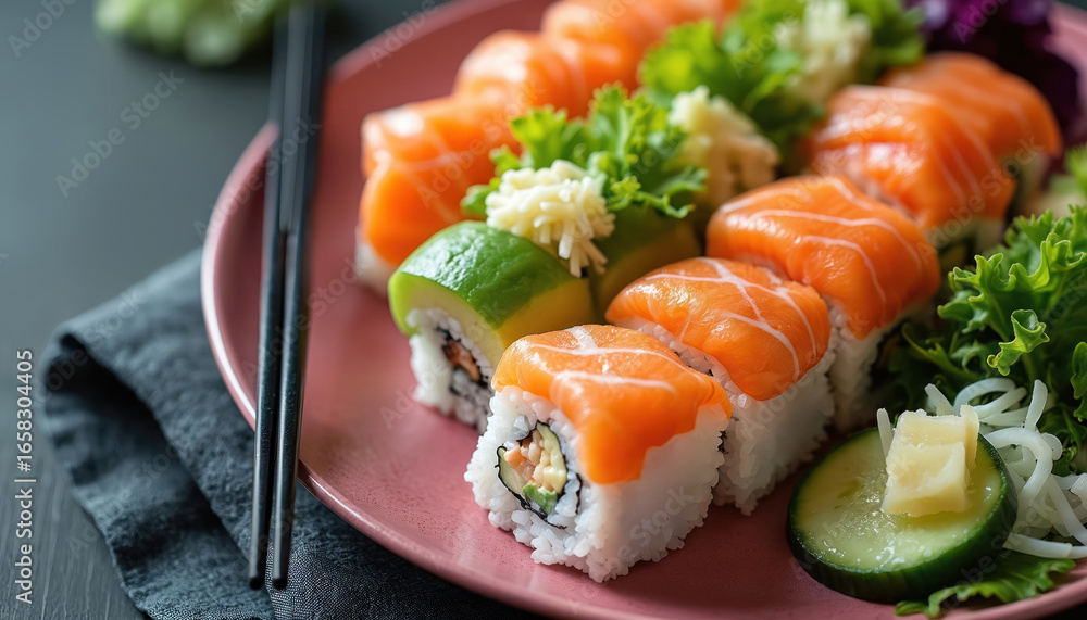 Fresh salmon sushi rolls with avocado and cucumber arranged beautifully on a pink plate. Accompanied by pickled ginger, shredded daikon, and chopsticks. A healthy, appetizing Japanese meal. Fresh salmon sushi rolls with avocado and cucumber arranged beautifully on a pink plate. Accompanied by pickled ginger, shredded daikon, and chopsticks. A healthy, appetizing Japanese meal.