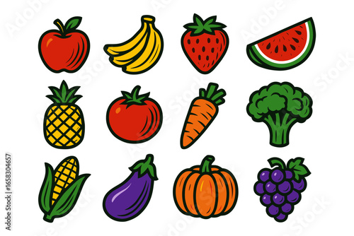 Vibrant flat fruit and vegetable icons featuring fresh produce collection