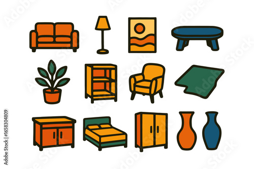 Colorful home furniture set with sofa, lamp, and decor elements in flat style