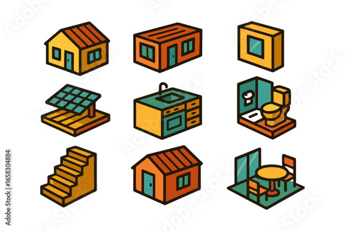 Isometric tiny home elements for sustainable living designs