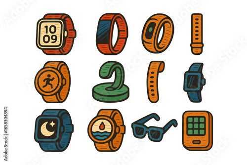 Colorful hand drawn wearable tech icons featuring smartwatches and fitness bands