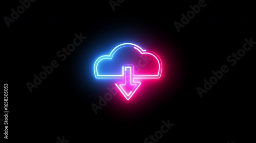 Blue and pink neon glowing cloud download icon isolated on black background.