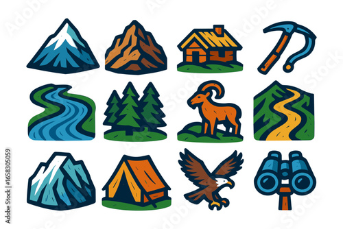Adventure and nature icons set featuring mountains, wildlife and outdoor gear