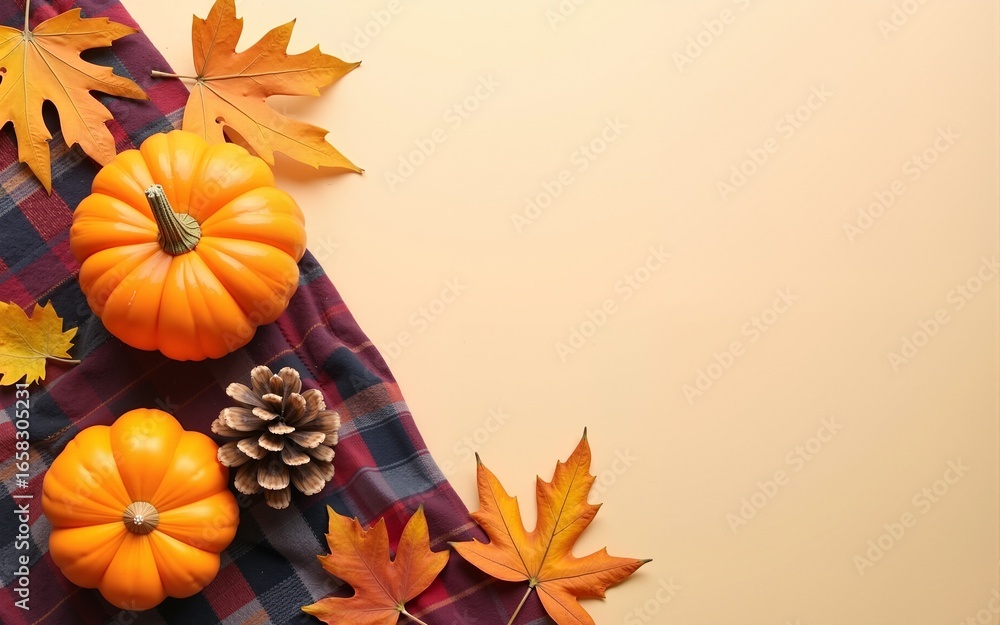Autumn composition Flatlay. Orange pumpkin, plaid, dry autumn leaves, cones on a pastel beige background. High quality Autumn composition Flatlay. Orange pumpkin, plaid, dry autumn leaves, cones on a pastel beige background. High quality