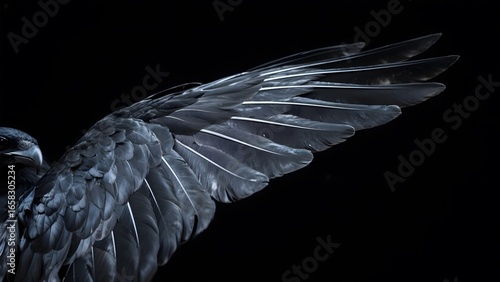 Close-up of a Bird's Wing Spread Against a Dark Background