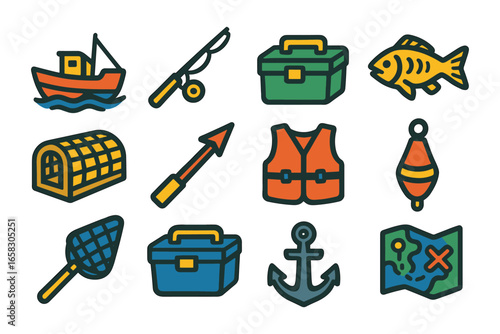 Colorful fishing gear icons for recreational and commercial use
